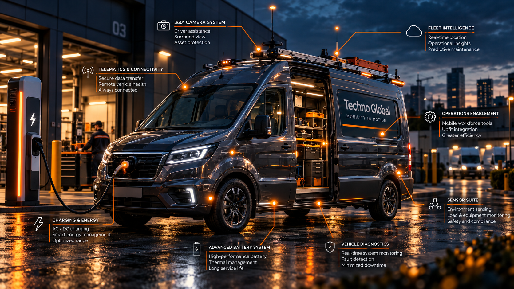 Connected mobility operations with an electric service van at dusk