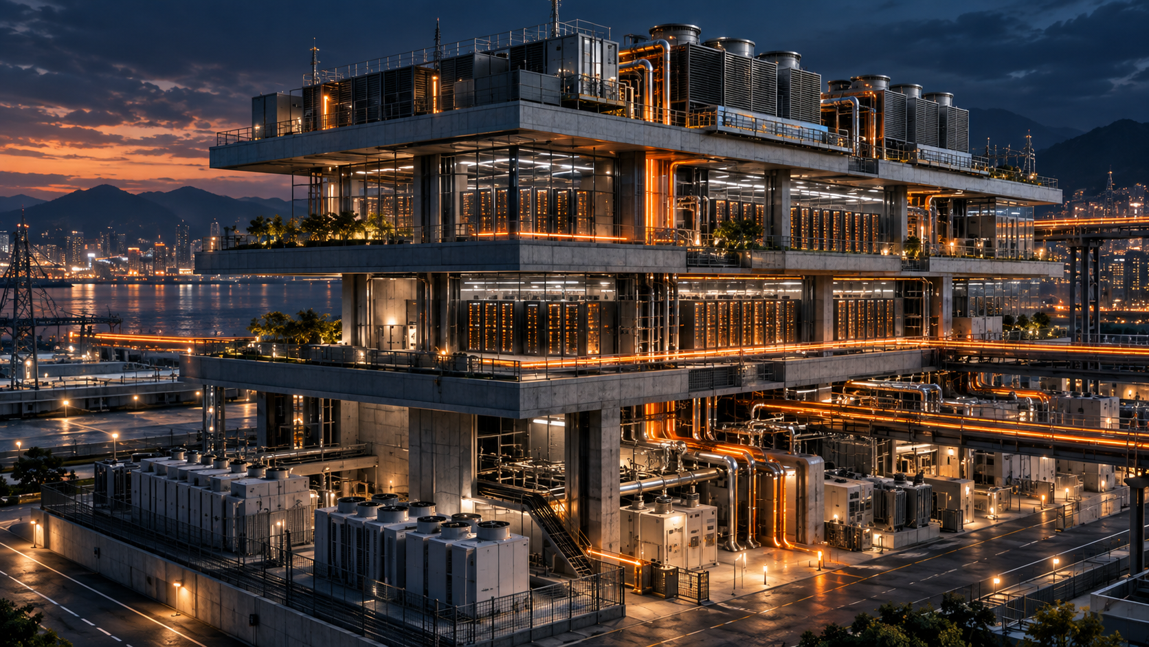 Large-scale real-estate and development infrastructure at dusk
