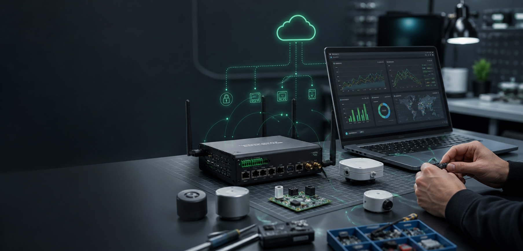 Connected hardware product workbench with IoT gateway and cloud dashboard