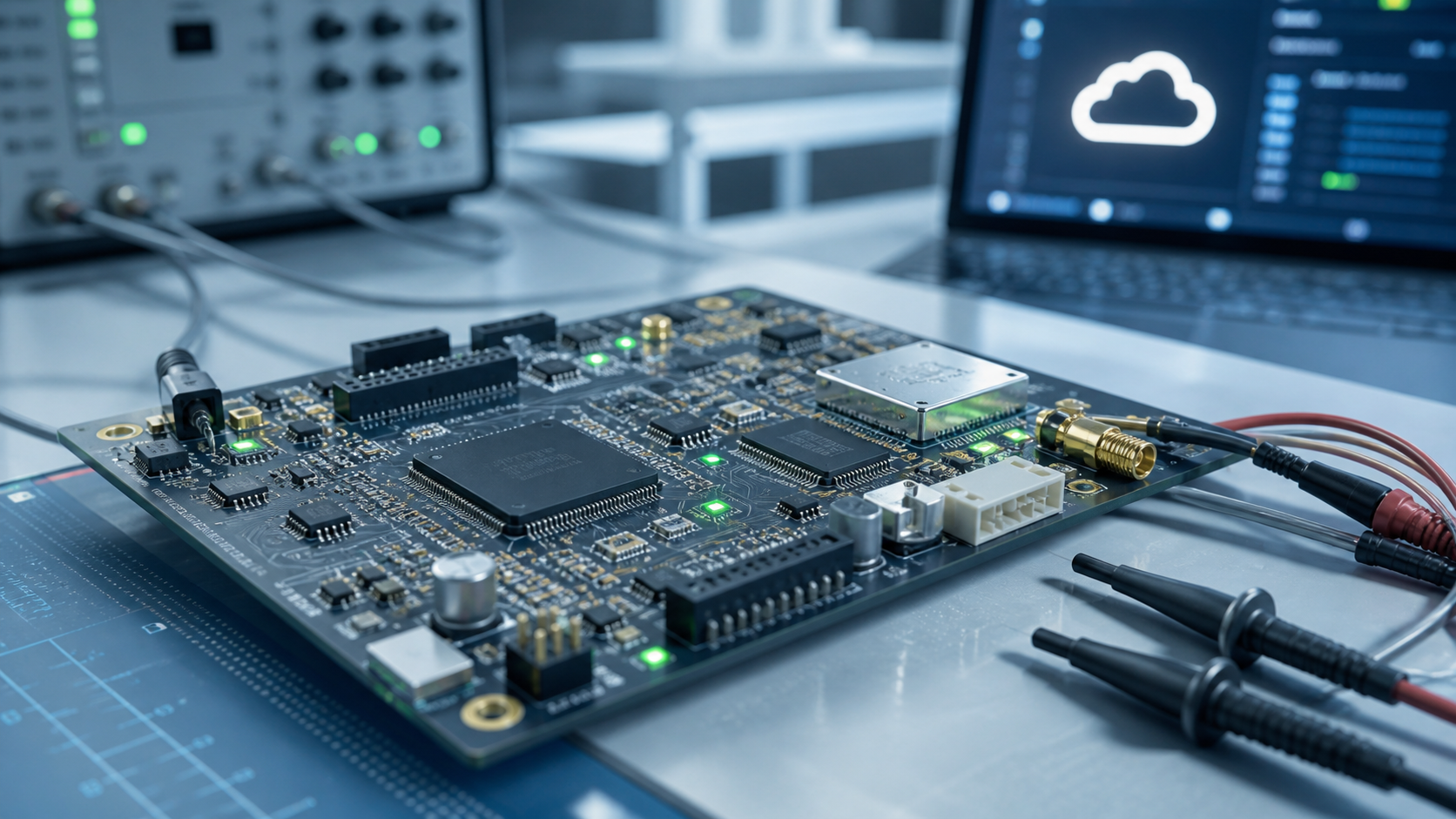 Custom IoT PCB with modem, connectors, test probes, and cloud provisioning screen