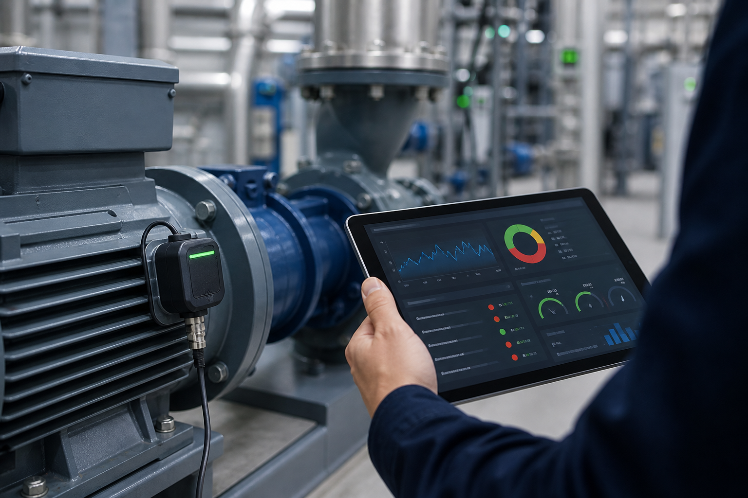 Industrial equipment connected to a sensor and monitored from a tablet
