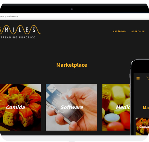 Website interface mockup displaying '5 MILES' logo, navigation menu, 'Marketplace' heading, category previews, and a smartphone on a black background with a dark gray frame.