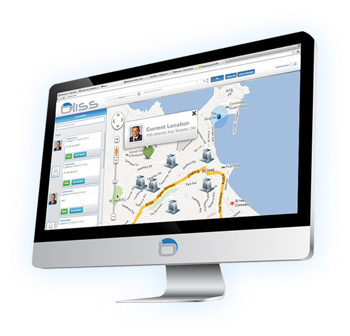 Computer monitor displaying a software interface with a map, location markers, chat boxes, and 'Bliss' logo on a gradient light gray background.