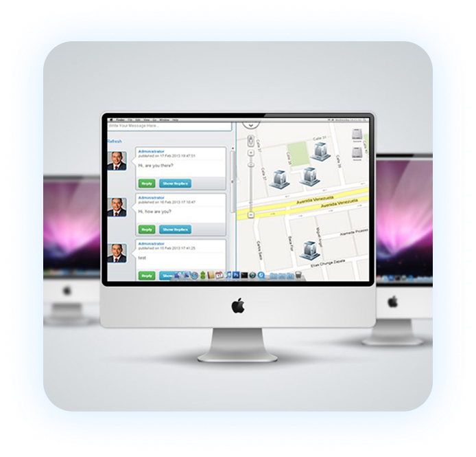 Computer screen displaying a chat interface with profile pictures and a map with location markers, surrounded by two blurred computer screens in the background, all on a light gray background with rounded frame.