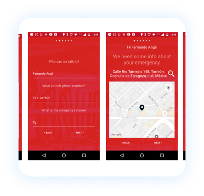 Two side-by-side smartphone screens showing an emergency information input form in red interface with text fields for person's name, phone number, and company, alongside a map displaying a location on the right side.