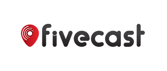 Fivecast logo with a red location pin icon and 'fivecast' in black text on a white background with rounded corners.