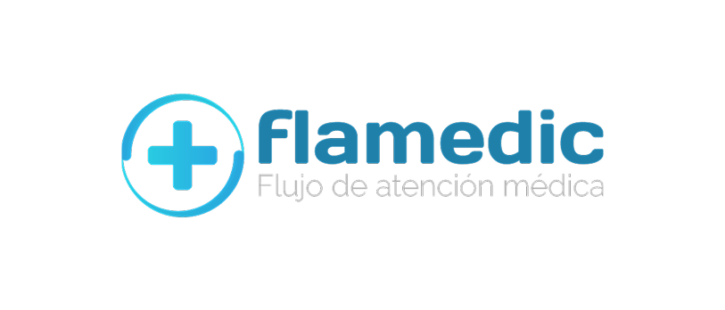 Flamedic logo with a blue cross inside a circle, the word Flamedic in a bold font, and the phrase 'Flujo de atención médica' in light gray on a white background with rounded corners.
