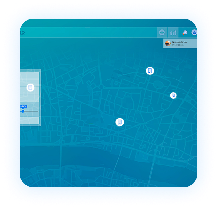 Interface design mockup showing a map with location markers on a teal background with a gray rounded square frame, and a pop-up window with text 'Nuevo articulo' on the side.