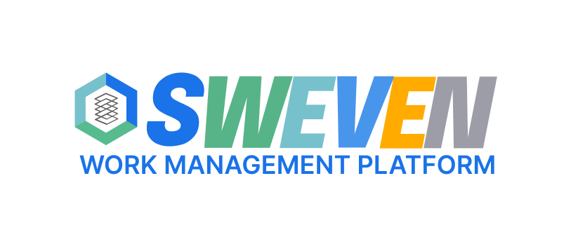 SWEVEN logo with colorful geometric shapes and 'WORK MANAGEMENT PLATFORM' text on a gray background