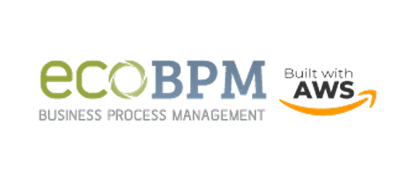 ecoBPM logo with 'Built with AWS' and the AWS logo on a white background with rounded corners.