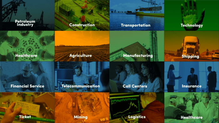 Collage of sixteen images representing various industries including Petroleum, Construction, Technology, Healthcare,